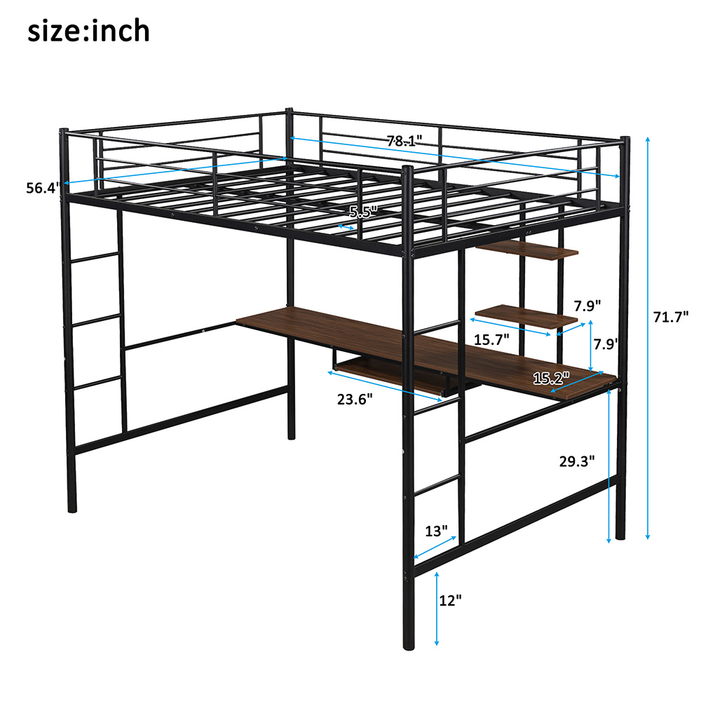 Twin-Size Loft Bed Frame with Desk, Storage Shelves Black