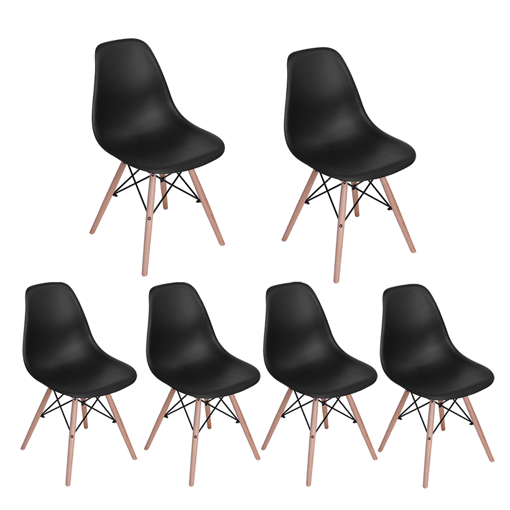 Plastic Dining Chair Set of 6, with Curved Backrest, and Wood Legs, for Restaurant, Cafe, Tavern, Office, Living Room - Black