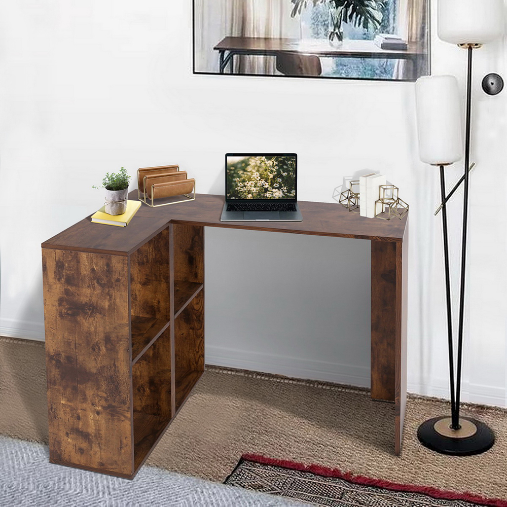 Home Office Reversible L-Shaped Computer Desk with Storage Shelves and Wooden Frame, for Game Room, Office, Study Room - Brown