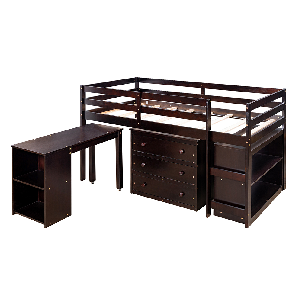 Twin-Size Loft Bed Frame with Movable Desk, Storage Cabinet, Ladder, and Wooden Slats Support, for Kids, Teens, Boys, Girls (Frame Only) - Espresso