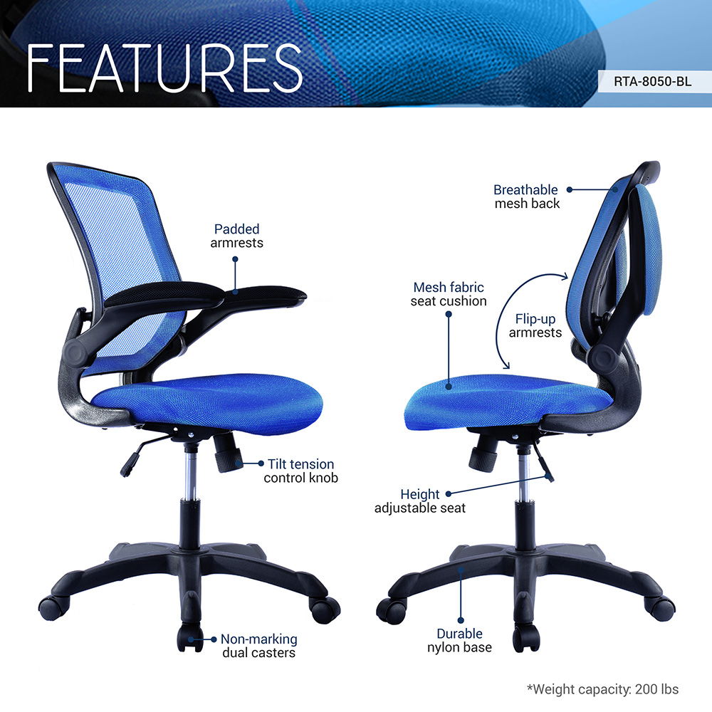 Techni Home Office Adjustable Rotatable Chair With Ergonomic Mesh Backrest And Flip-Up Armrest - Blue 9 Techni Home Office Adjustable Rotatable Chair with Ergonomic Mesh Backrest and Flip-Up Armrest - Blue