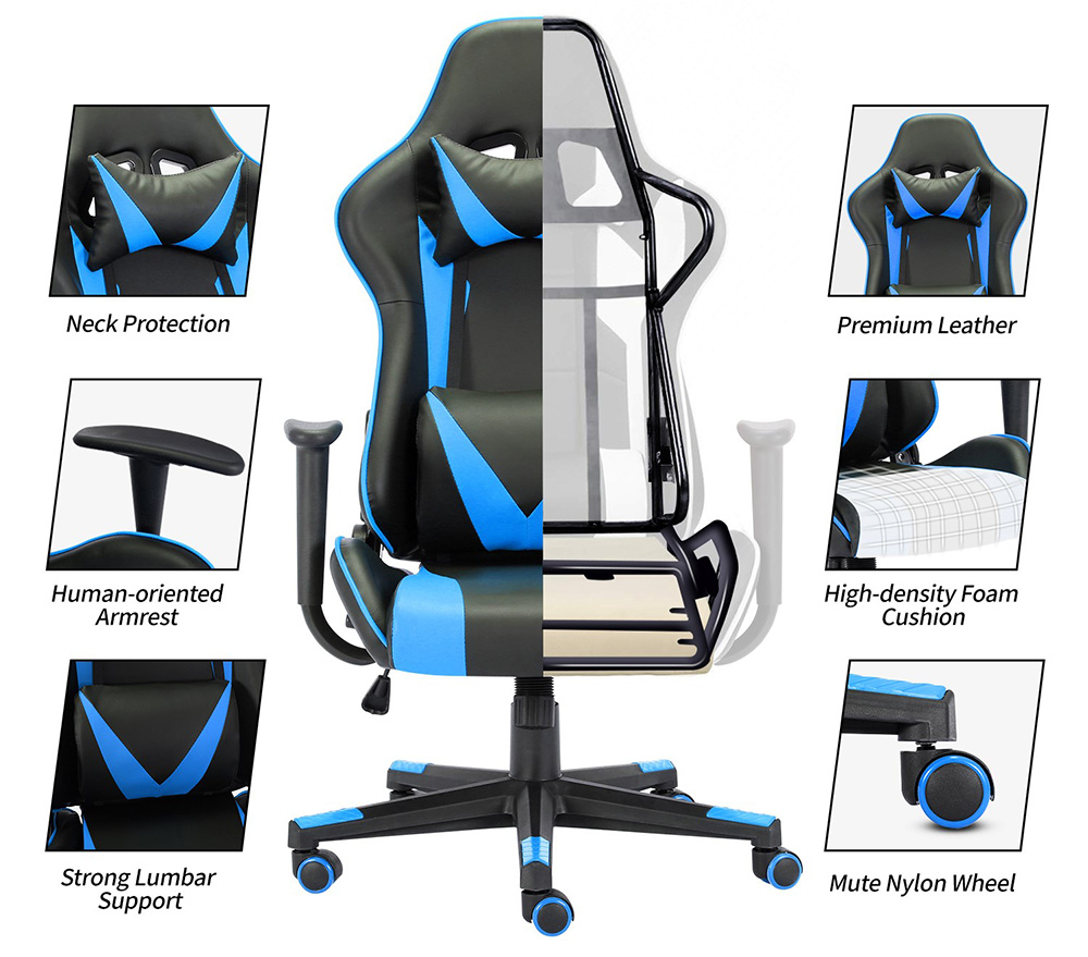 Home Office PU Leather Adjustable Rotatable Massage Gaming Chair with Ergonomic High Backrest and Lumbar Support - Black + Blue