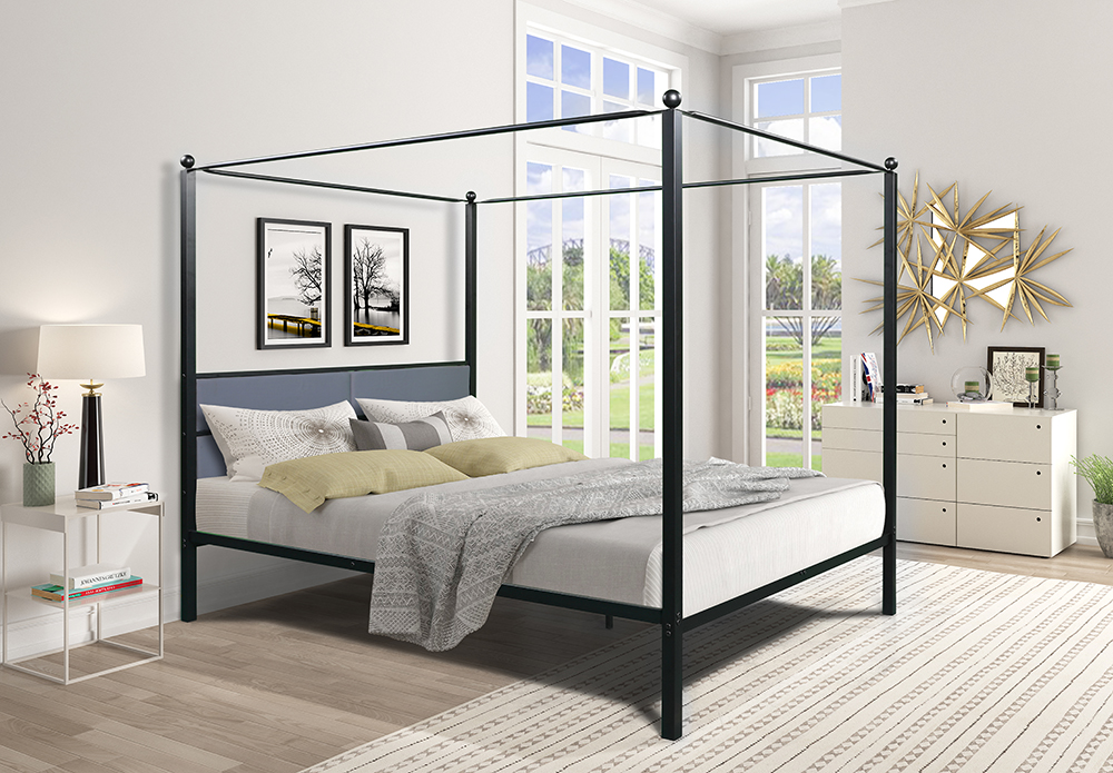 Queen Size Metal Canopy Upholstered Bed, Queen Size Bed Frame And Box Spring Combination