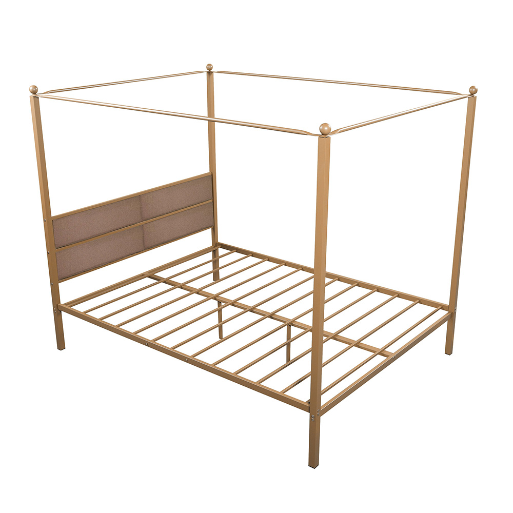 QueenSize Metal Canopy Upholstered Bed Frame with 4 Pillars Brown