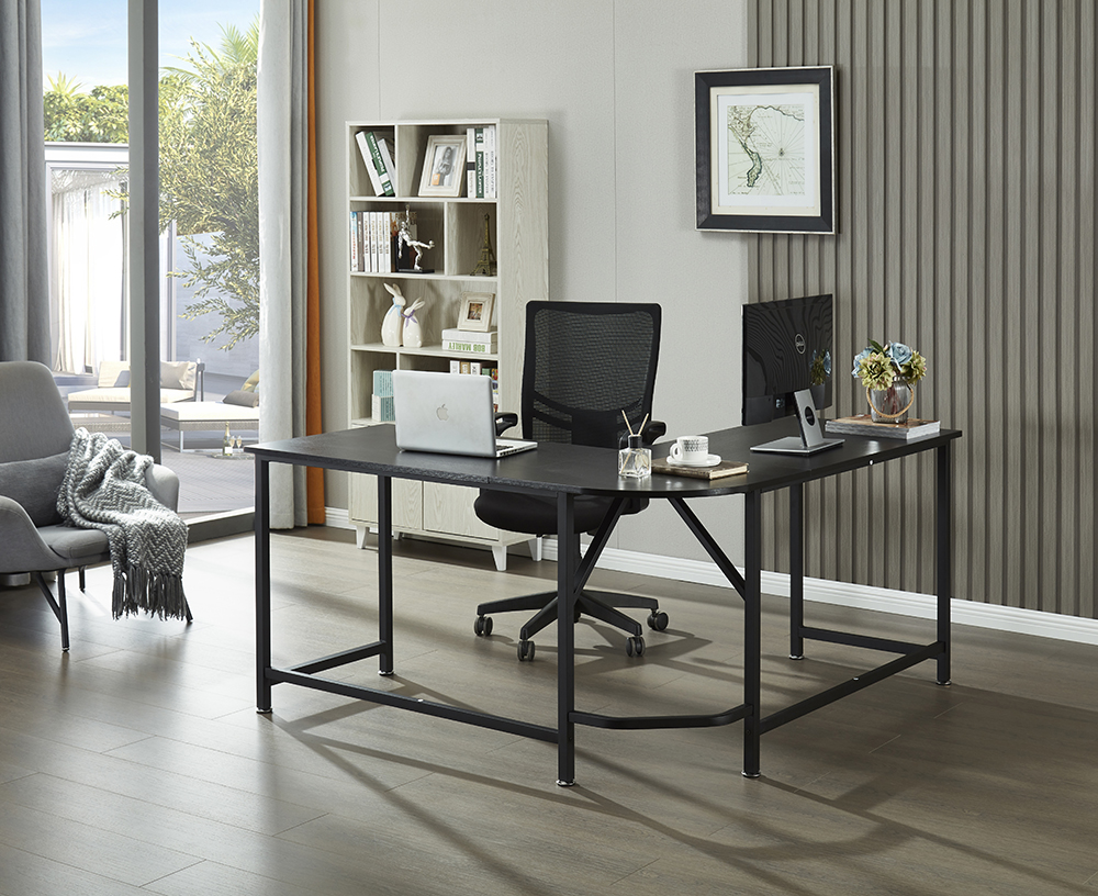 Home Office 59" L-Shaped Computer Desk with MDF Tabletop and Metal Frame, for Game Room, Office, Study Room - Black