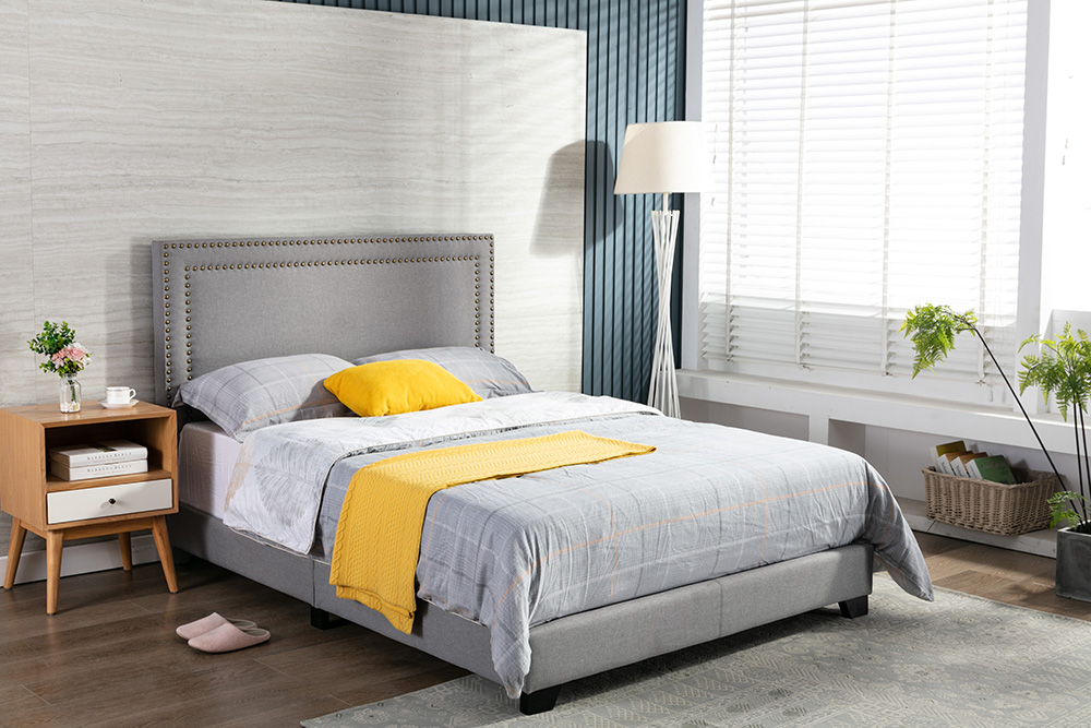 Full-Size Upholstered Platform Bed Frame with Height-Adjustable Headboard and Wooden Slats Support, Box Spring Needed (Only Frame) - Gray