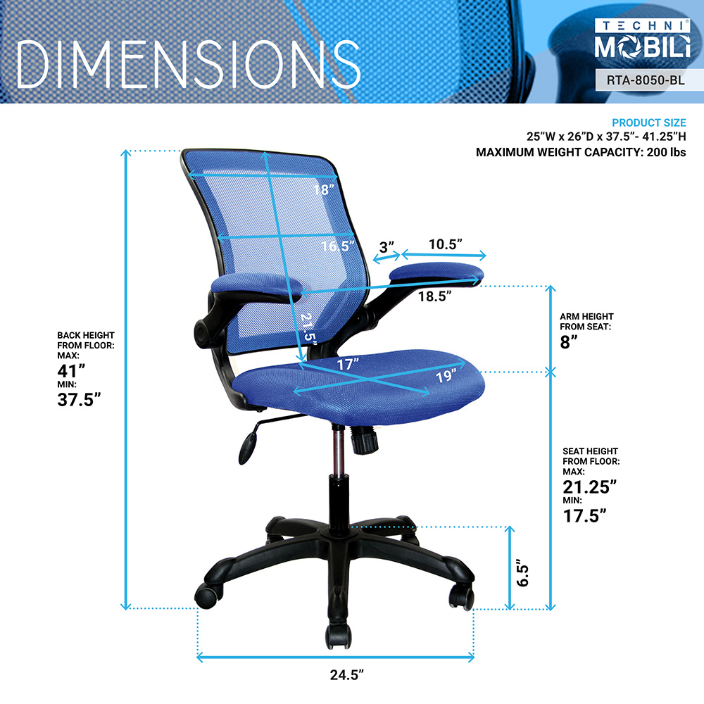 Techni Home Office Adjustable Rotatable Chair With Ergonomic Mesh Backrest And Flip-Up Armrest - Blue 10 Techni Home Office Adjustable Rotatable Chair with Ergonomic Mesh Backrest and Flip-Up Armrest - Blue