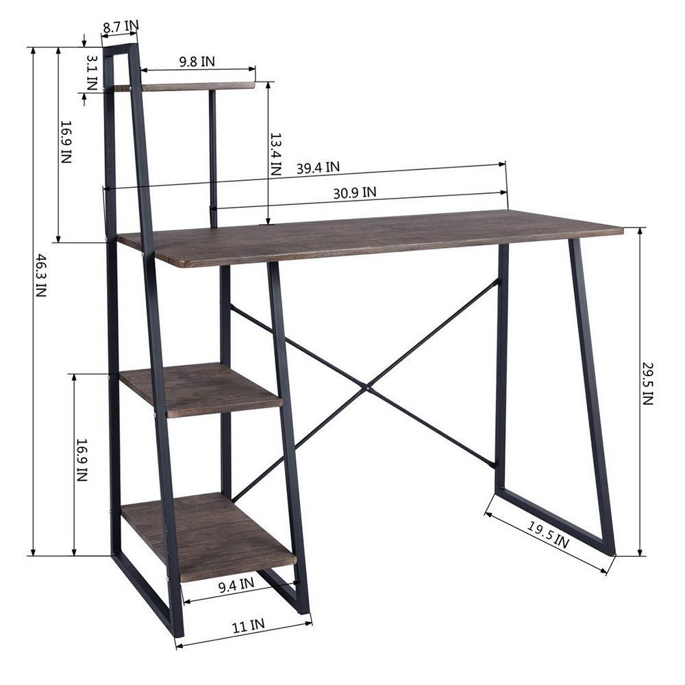 Home Office Computer Desk with 4-Layer Storage Shelf, Wooden Tabletop and Metal Frame, for Game Room, Office, Study Room - Walnut + Black