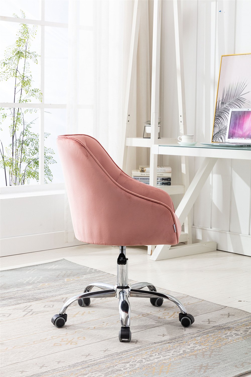 COOLMORE Modern Leisure Velvet Swivel Shell Chair Height Adjustable with Curved Backrest and Casters for Living Room, Bedroom, Dining Room, Office - Pink