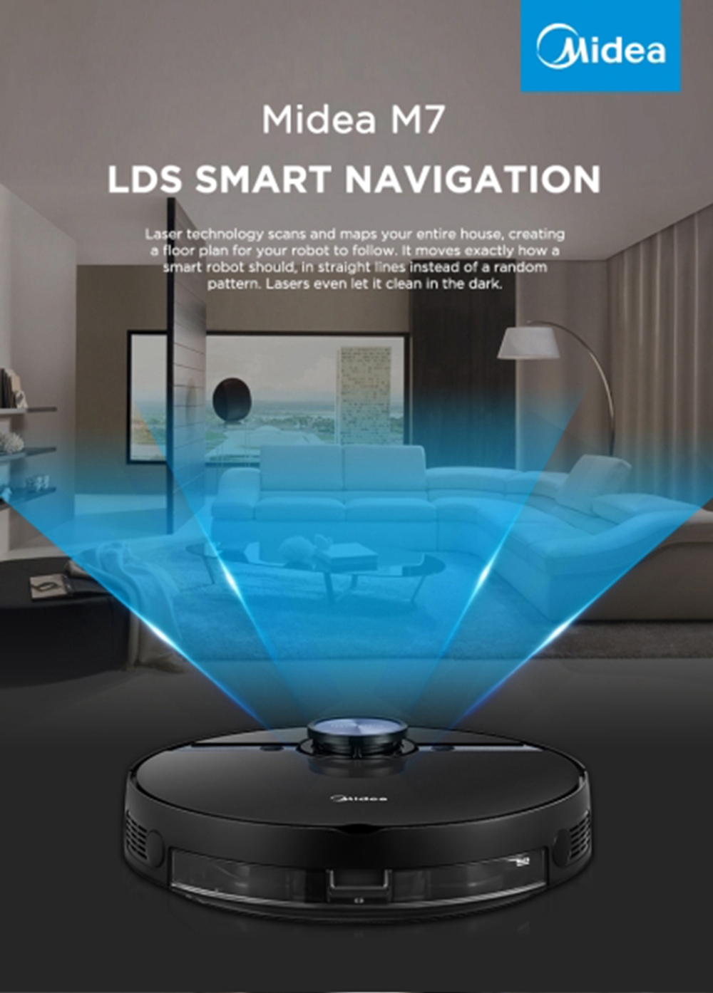 Midea M7 Robot Vacuum Cleaner 2 in 1 Sweeping and Mopping 4000Pa Cyclone Suction LDS Smart Navigation Electronic Water Tank 450ml Dust Box APP Control - Black