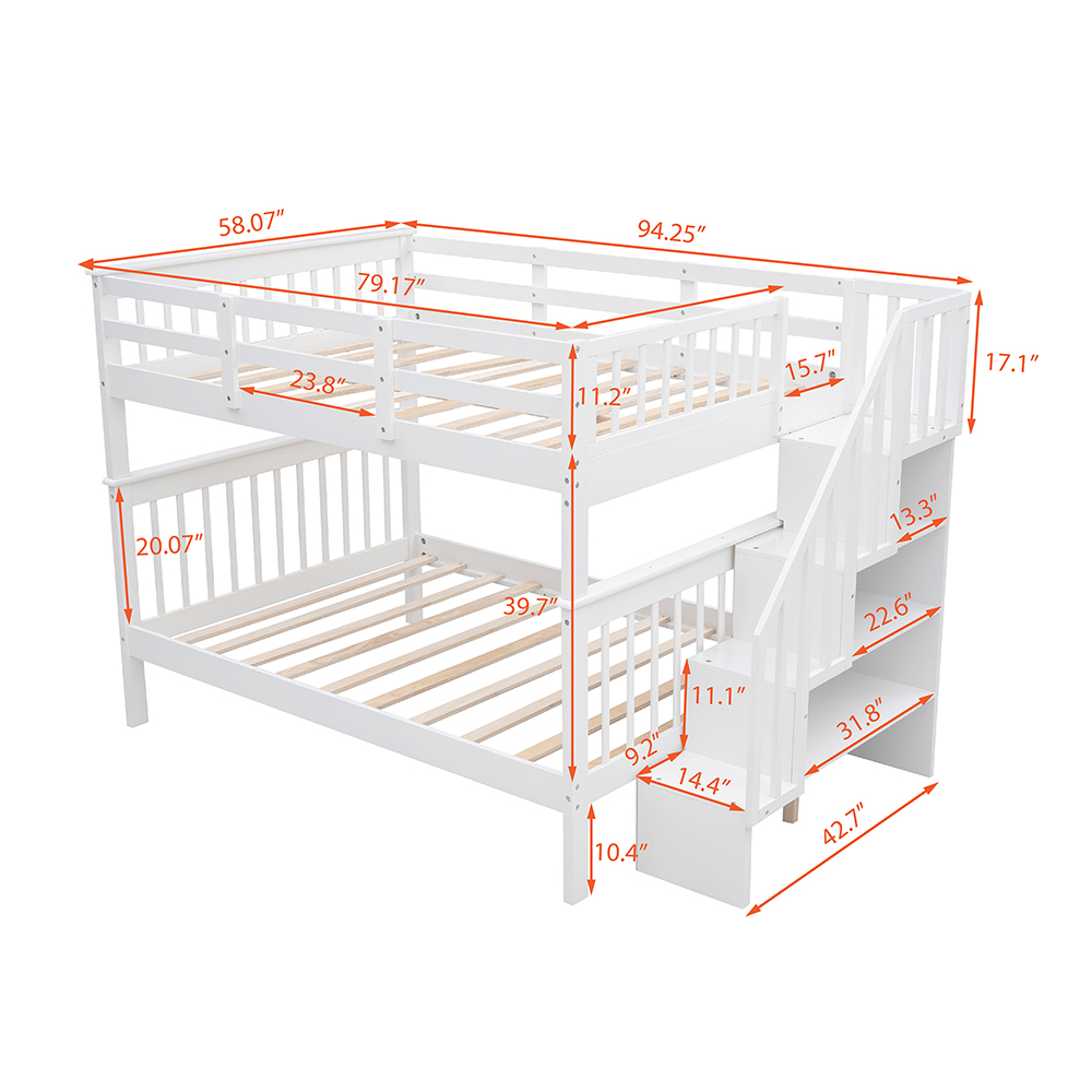 Full-Over-Full Size Bunk Bed Frame with Storage Stairs, Ladder, and Wooden Slats Support, for Kids, Teens, Boys, Girls (Frame Only) - White