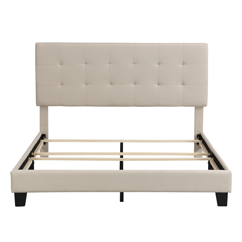 Queen-Size Linen Fabric Upholstered Platform Bed Frame with Tufted Headboard and Wooden Slats Support, Box Spring Needed (Only Frame) - Beige