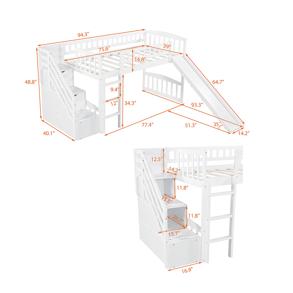 Twin-Size Loft Bed Frame with Storage Stairs, Slide, and Wooden Slats Support, No Box Spring Required, for Kids, Teens, Boys, Girls (Frame Only) - White