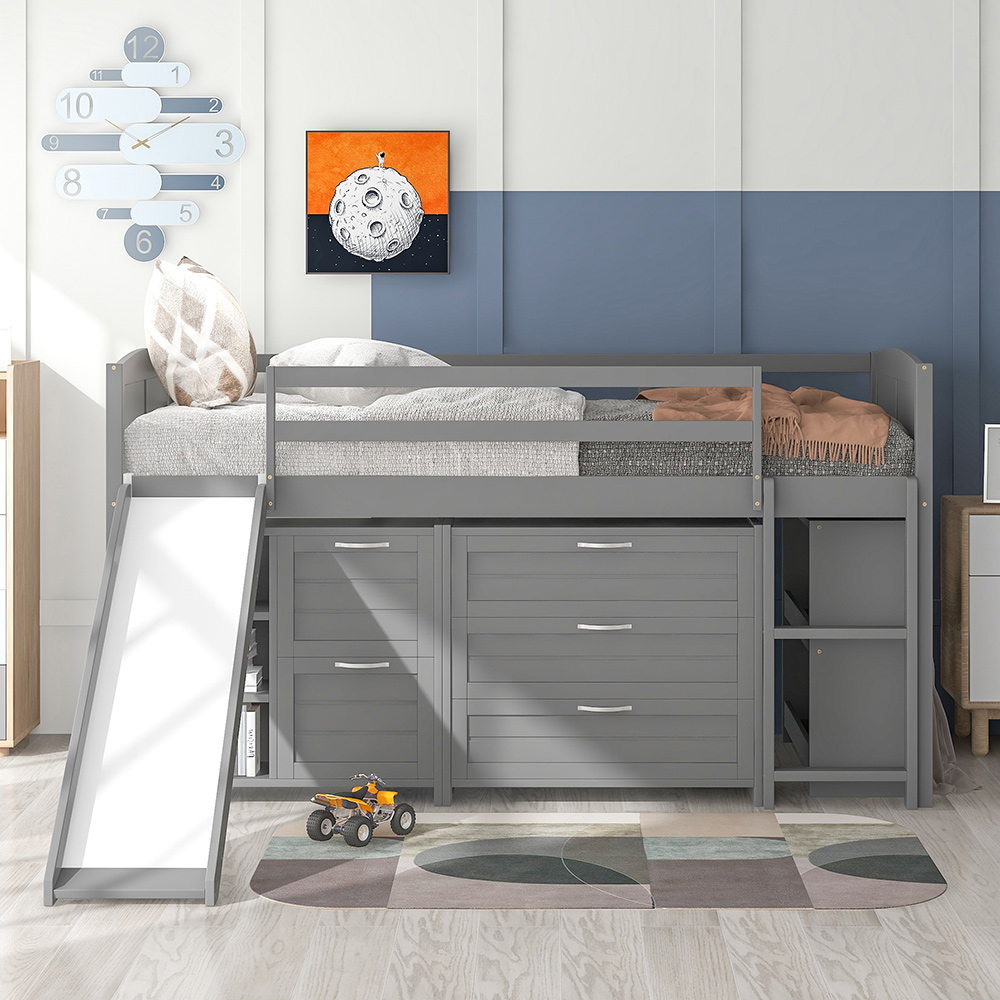 Twin-Size Loft Bed Frame with Storage Cabinets, Shelves, Slide, and Wooden Slats Support, No Box Spring Required, for Kids, Teens, Boys, Girls (Frame Only) - Gray