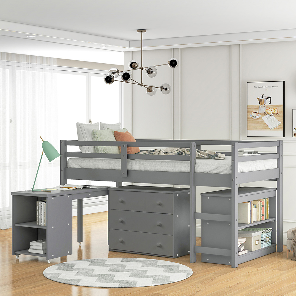 Twin-Size Loft Bed Frame with Storage Drawers, Rolling Portable Desk, and Wooden Slats Support, No Box Spring Required, for Kids, Teens, Boys, Girls (Frame Only) - Gray