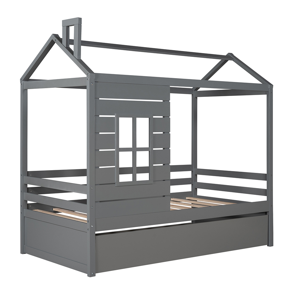 Twin Size House-shaped Platform Bed Frame with Twin Size Trundle and Wooden Slats Support, No Box Spring Needed (Only Frame) - Gray