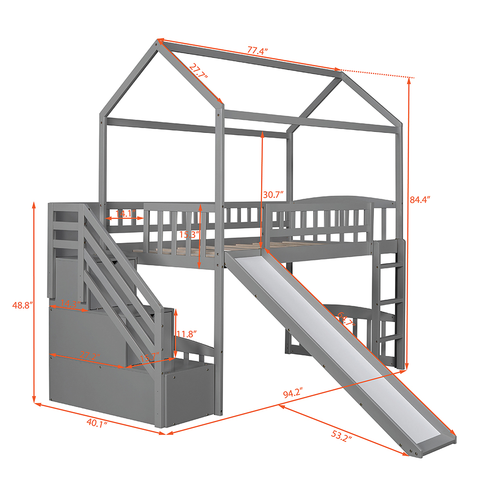 Twin-Size House-shaped Loft Bed Frame with Storage Stairs, Ladder, Slide, and Wooden Slats Support, No Box Spring Required, for Kids, Teens, Boys, Girls (Frame Only) - Gray