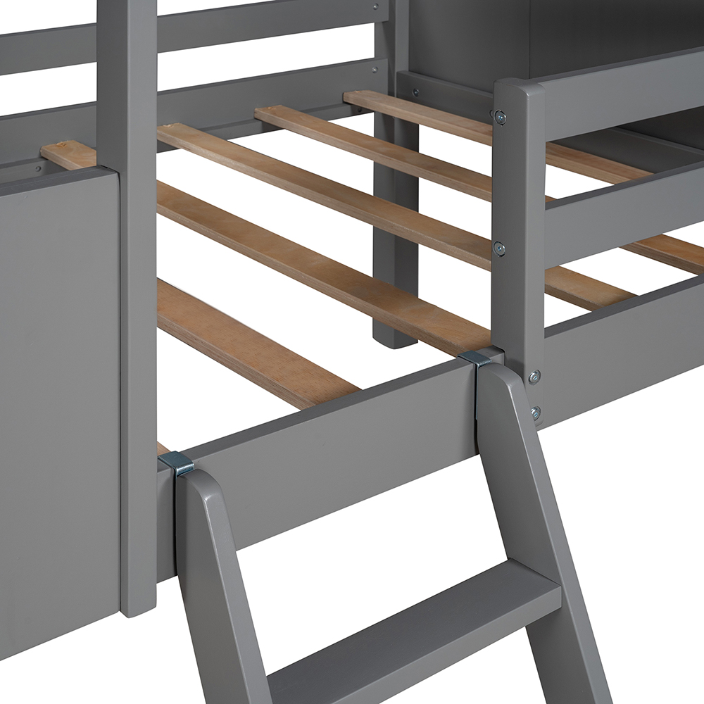 Twin-Size House-Shaped Loft Bed Frame with Two Side Windows and Wooden Slats Support, No Box Spring Required, for Kids, Teens, Boys, Girls (Frame Only) - Antique Gray + Normal Gray