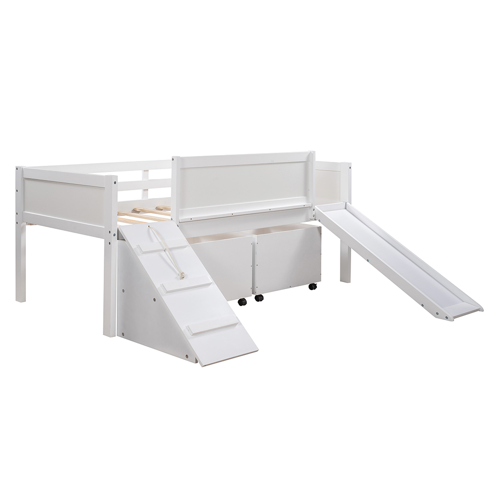 Twin-Size Loft Bed Frame with 2 Storage Boxes, and Wooden Slats Support, No Box Spring Required, for Kids, Teens, Boys, Girls (Frame Only) - White