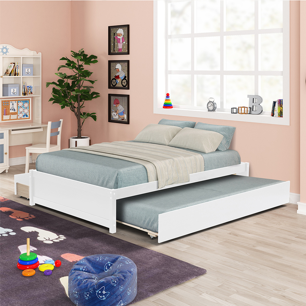 Full Size Platform Bed Frame with Twin Size Trundle, 2 Storage Drawers, and Wooden Slats Support, No Box Spring Needed (Only Frame) - White