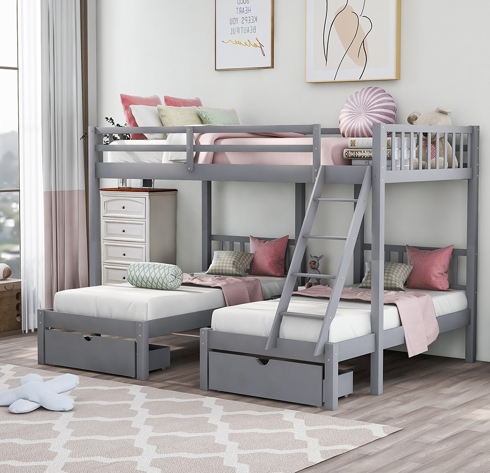 Full-Over-Twin Size Detachable Bunk Bed Frame with 2 Storage Drawers, Ladder, and Wooden Slats Support, for Kids, Teens, Boys, Girls (Frame Only) - Gray