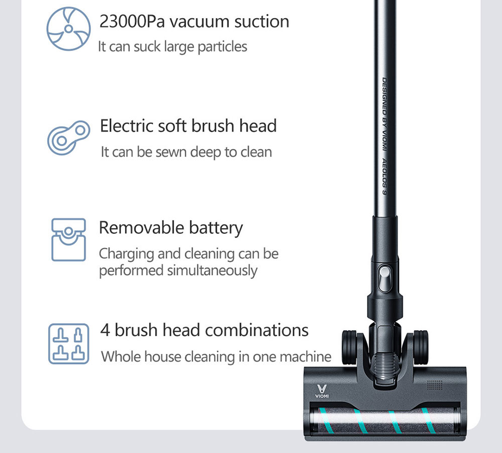 VIOMI A9 Cordless Handheld Vacuum Cleaner 120AW 23000Pa Strong Suction 400W Brushless DC Motor Removable Battery Removable Battery 60 Mins Runtime 4-Brush Heads LED Light EU Version - Black