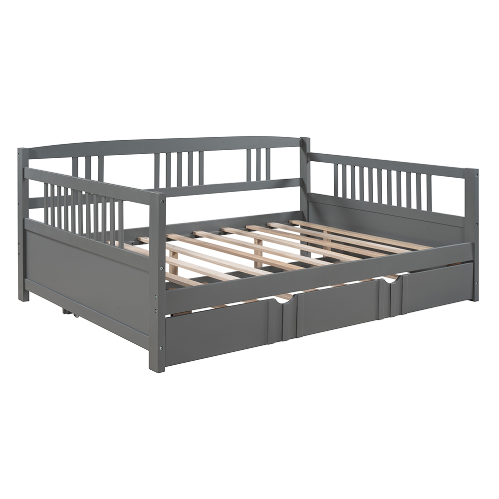 Full Size Daybed with Twin Size Trundle and Wooden Slats Support, No Box Spring Needed (Only Frame) - Gray