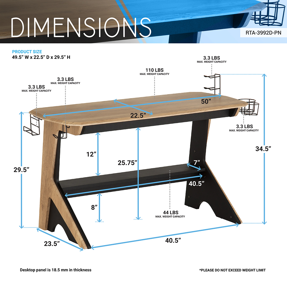 Techni Mobili Home Office 50" Computer Desk with 2 Cup Holders, Headphone Hook, and Wooden Frame, for Game Room, Small Space, Study Room - Brown