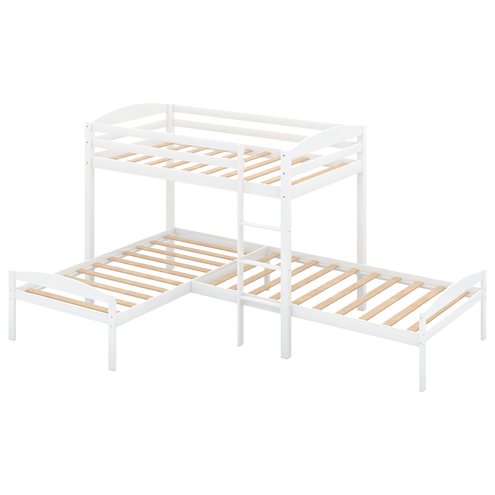 Twin-Over-Twin Size L-Shaped Bunk Bed Frame with Ladder, and Wooden Slats Support, No Spring Box Required (Frame Only) - White