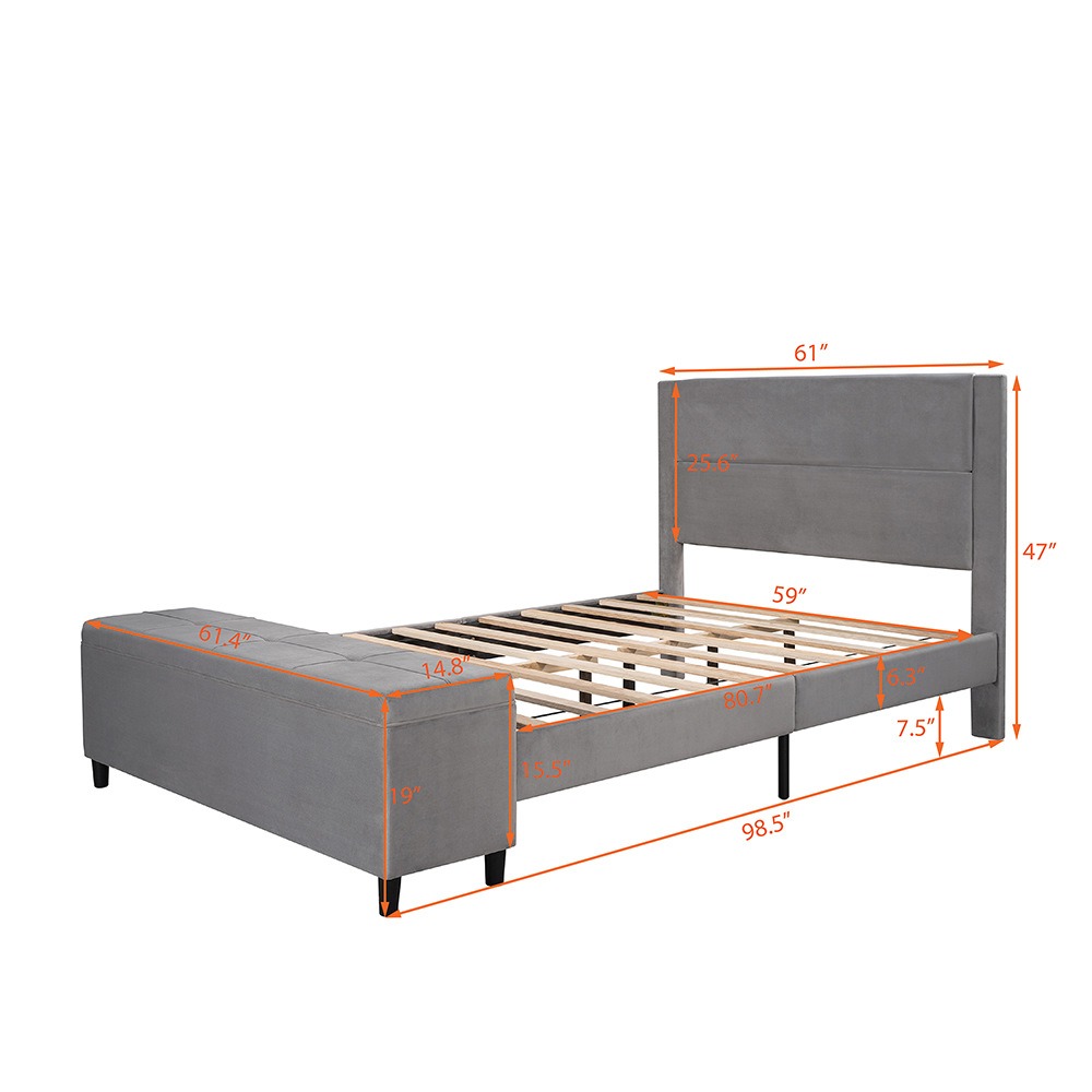 Queen-Size Upholstered Platform Bed Frame with Cushioned Storage Ottoman, Headboard and Wooden Slats Support, No Box Spring Needed (Only Frame) - Gray