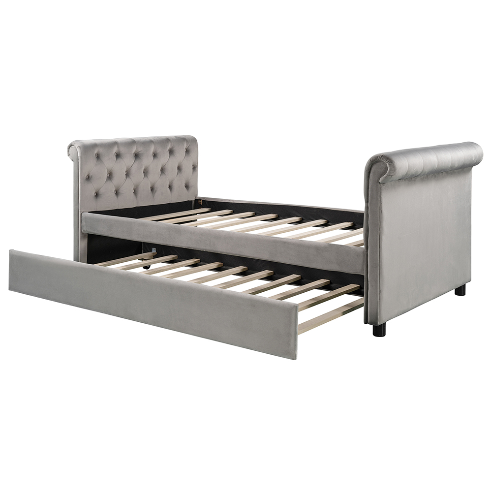 Twin Size Upholstered Daybed with Trundle, and Wooden Slats Support, No Box Spring Needed (Only Frame) - Gray