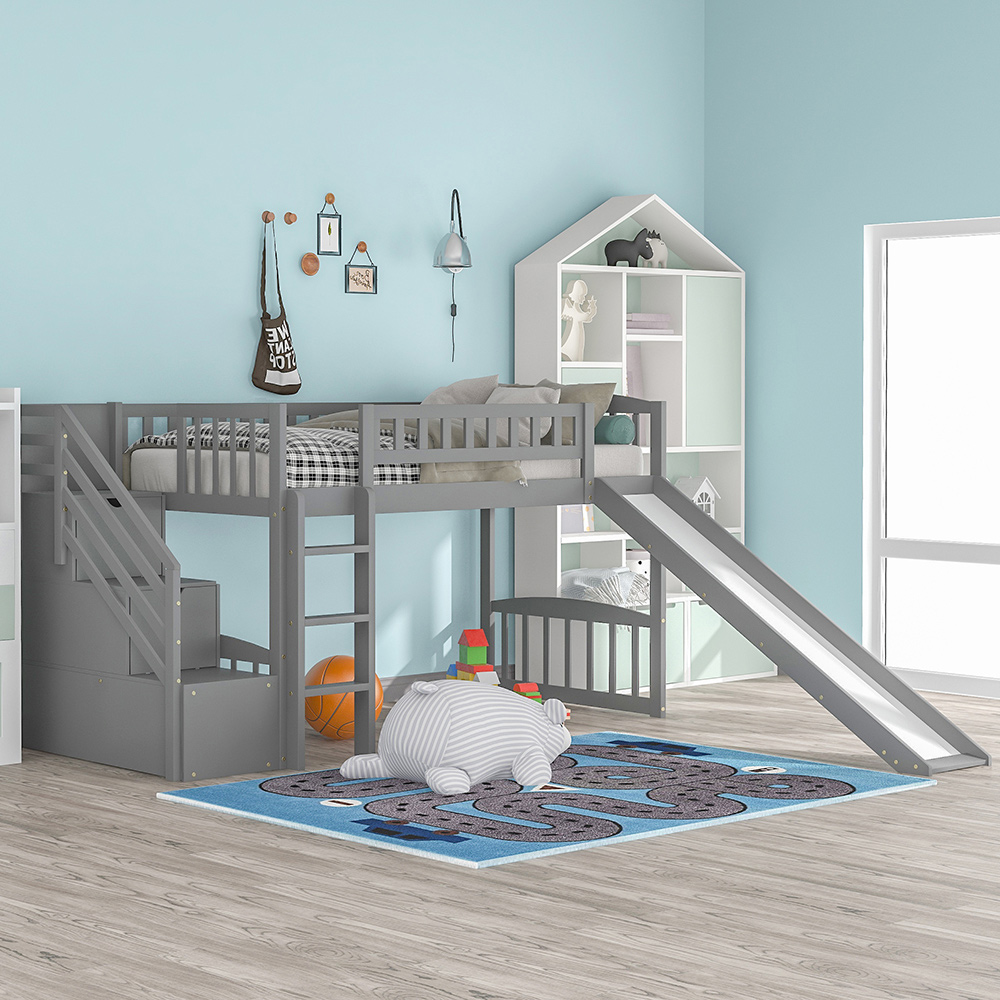 Twin-Size Loft Bed Frame with Storage Stairs, Slide, and Wooden Slats Support, No Box Spring Required, for Kids, Teens, Boys, Girls (Frame Only) - Gray