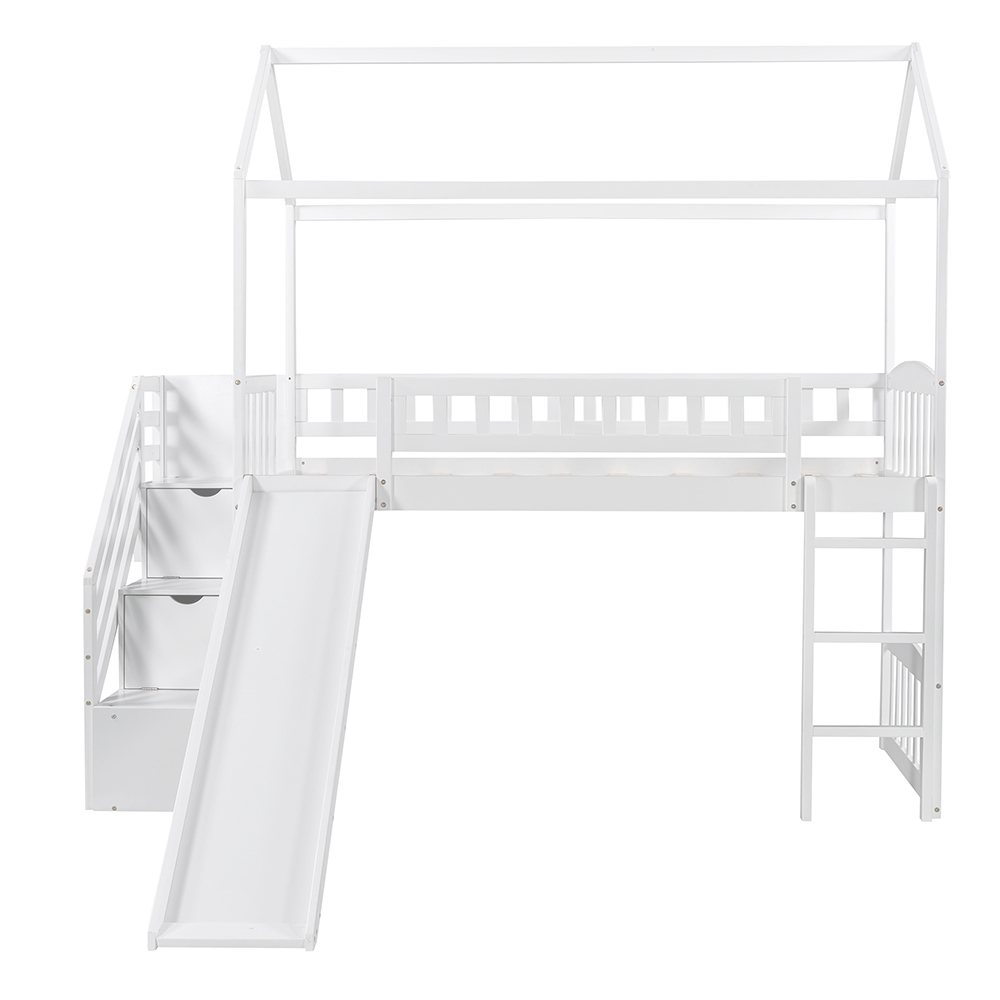 Twin-Size House-shaped Loft Bed Frame with Storage Stairs, Ladder, Slide, and Wooden Slats Support, No Box Spring Required, for Kids, Teens, Boys, Girls (Frame Only) - White