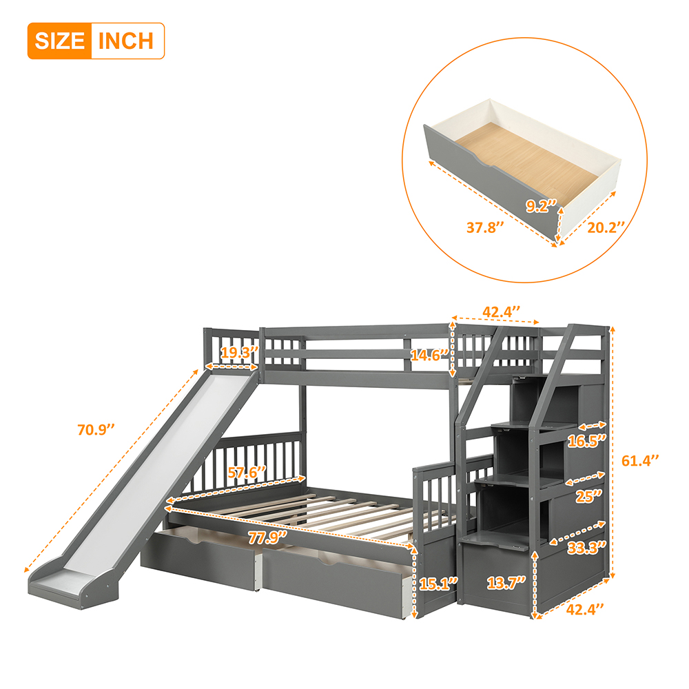 Twin-Over-Full Size Bunk Bed Frame with Storage Drawers, Slide, Stairs, and Wooden Slats Support, for Kids, Teens, Boys, Girls (Frame Only) - Gray