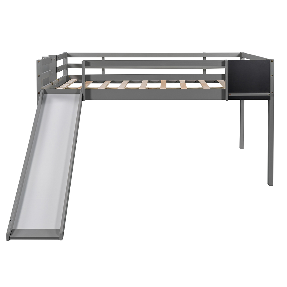 Full-Size Loft Bed Frame with Slide, Chalkboard, and Wooden Slats Support, No Box Spring Required, for Kids, Teens, Boys, Girls (Frame Only) - Gray