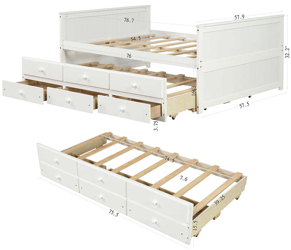 Full Size Platform Bed Frame with Twin Size Trundle, 3 Storage Drawers, and Wooden Slats Support, No Box Spring Needed (Only Frame) - White