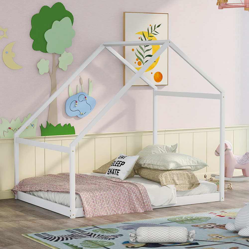 Full Size House-shaped Platform Bed Frame with Wooden Slats Support, No Box Spring Needed (Only Frame) - White