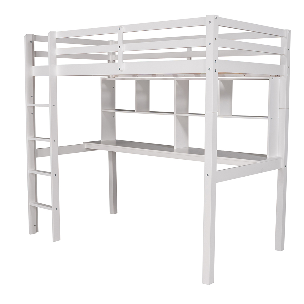 Twin-Size Loft Bed Frame with Desk, Storage Shelves, and Wooden Slats Support, No Box Spring Required, for Kids, Teens, Boys, Girls (Frame Only) - White