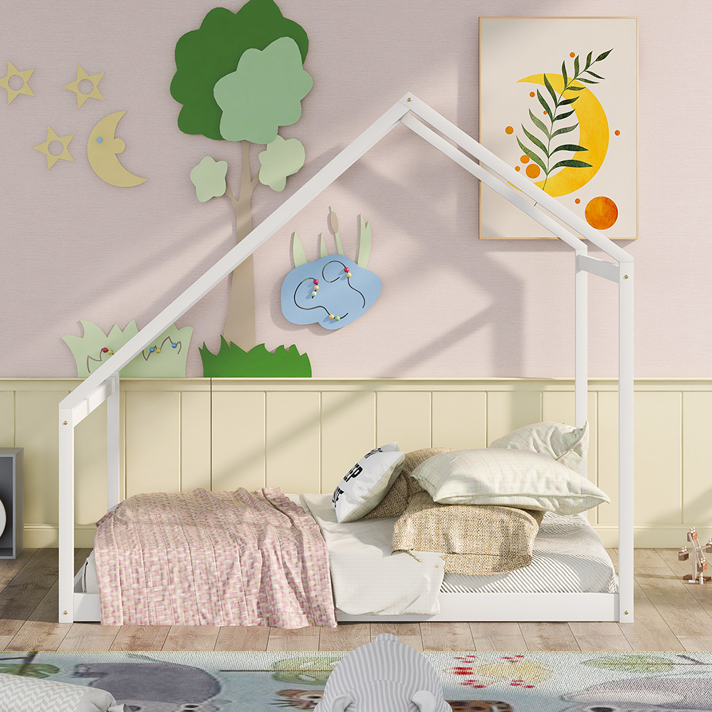Full Size House-shaped Platform Bed Frame with Wooden Slats Support, No Box Spring Needed (Only Frame) - White