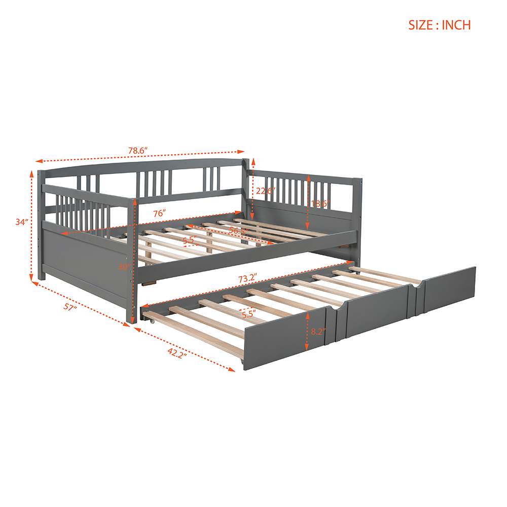 Full Size Daybed with Twin Size Trundle and Wooden Slats Support, No Box Spring Needed (Only Frame) - Gray