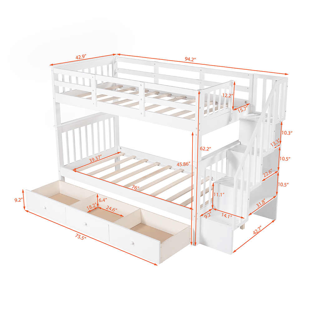 Twin-Over-Twin Size Detachable Bunk Bed Frame with Drawers, Storage Shelves, and Wooden Slats Support, for Kids, Teens, Boys, Girls (Frame Only) - White