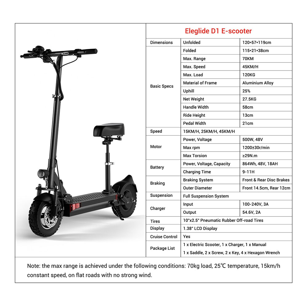 Eleglide D1 Off-road Folding Electric Scooter 10" Pneumatic Tires 500W Motor 48V 18Ah Battery 45km/h Max Speed up to 70km Max Range Front & Rear Disc Brake - Black