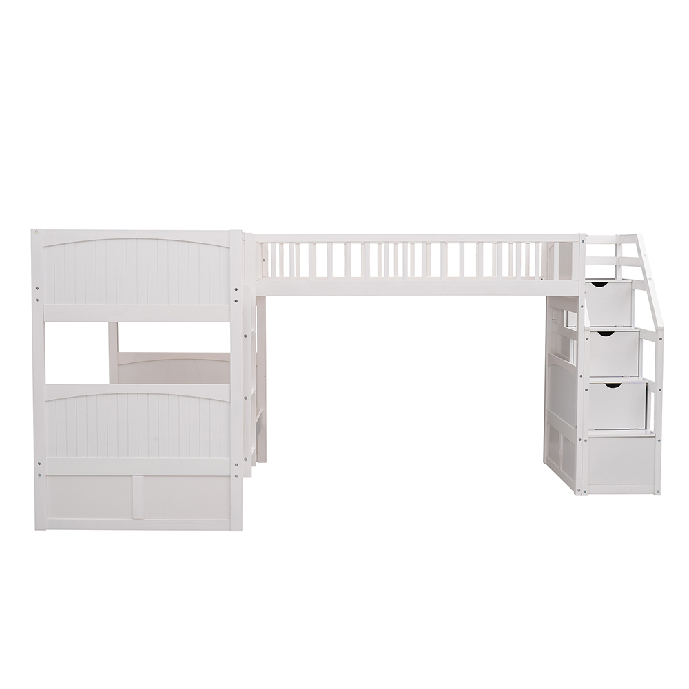 Twin-Over-Twin Size L-Shaped Bunk Bed Frame with Ladder, Storage Stairs, and Wooden Slats Support, for Kids, Teens, Boys, Girls (Frame Only) - White