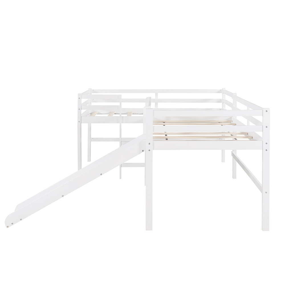 Twin-Size L-Shaped Loft Bed Frame with Built-in Ladders, Slide, and Wooden Slats Support, No Box Spring Required, for Kids, Teens, Boys, Girls (Frame Only) - White