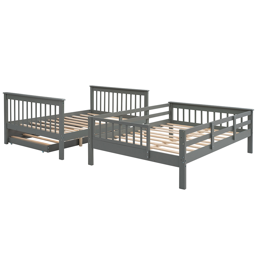 Full-Over-Full Size Bunk Bed Frame with Twin-Size Trundle, Storage Shelves, and Wooden Slats Support, for Kids, Teens, Boys, Girls (Frame Only) - Gray