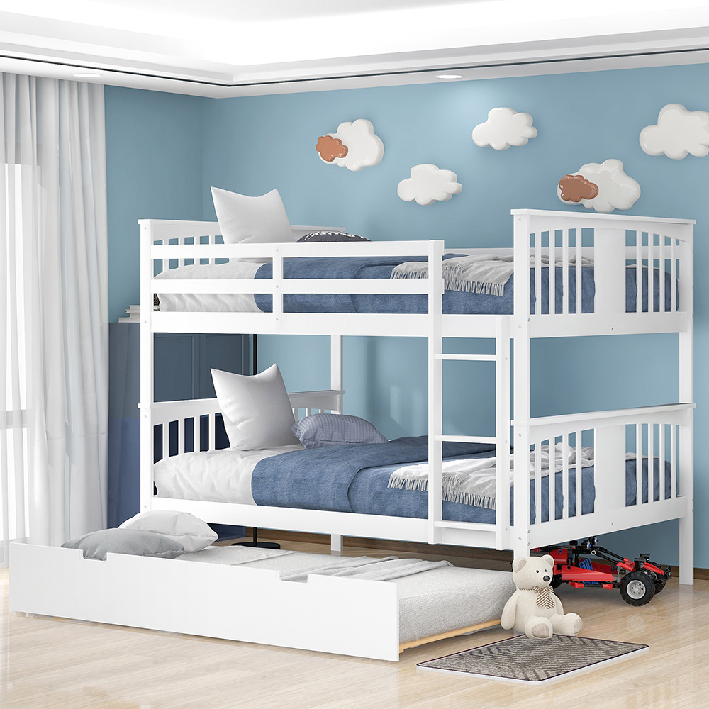 Full-Over-Full Size Bunk Bed Frame with Twin-Size Trundle, Ladder, and Wooden Slats Support, for Kids, Teens, Boys, Girls (Frame Only) - White