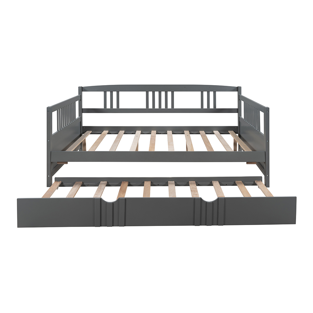Full Size Daybed with Twin Size Trundle and Wooden Slats Support, No Box Spring Needed (Only Frame) - Gray