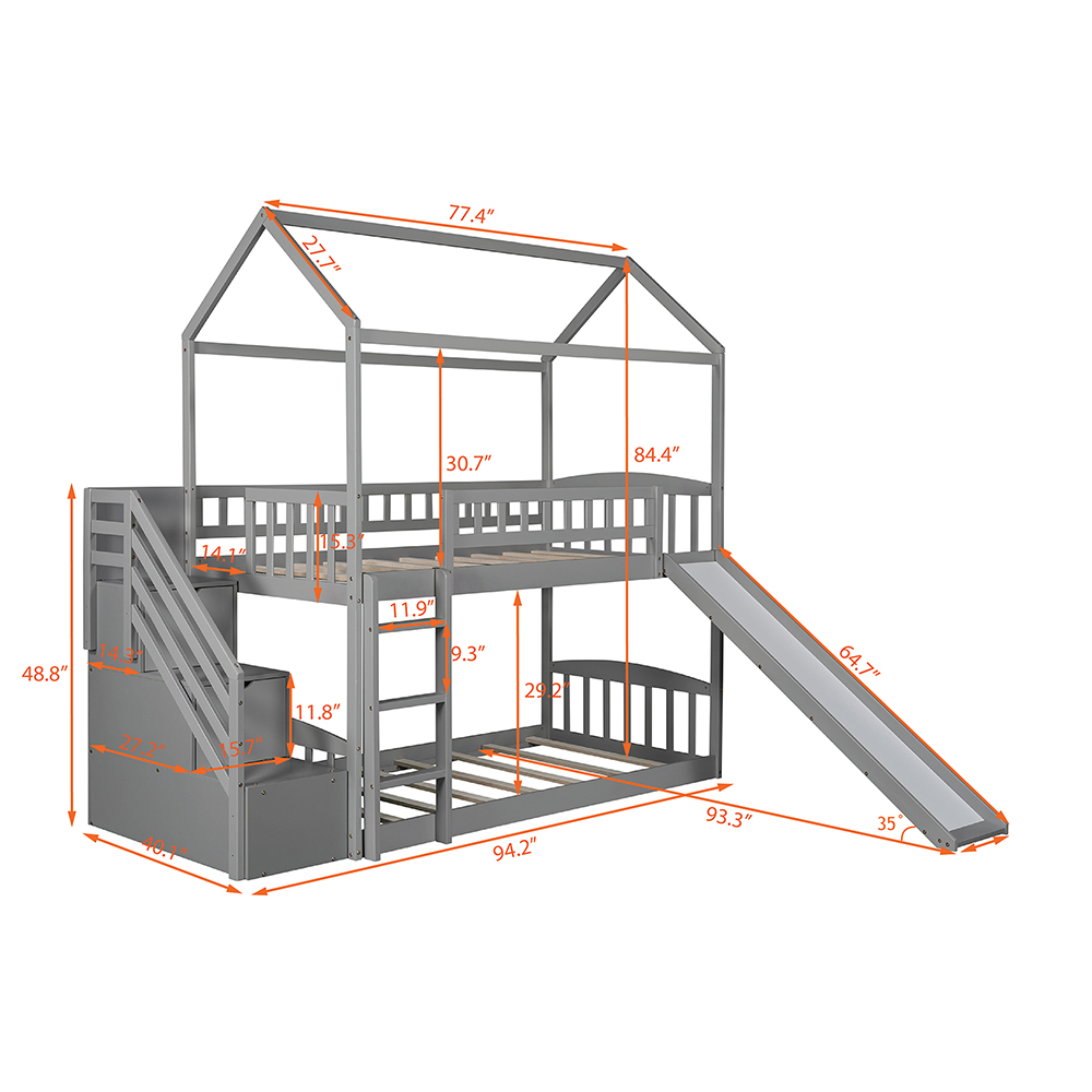 Twin-Over-Twin Size Bunk Bed Frame with Storage Stairs, Slide, and Wooden Slats Support, for Kids, Teens, Boys, Girls (Frame Only) - Gray