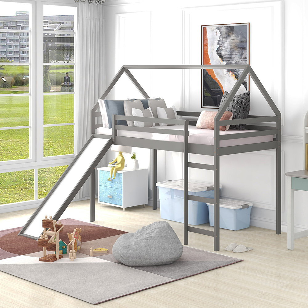 Twin-Size House-Shaped Loft Bed Frame with Slide and Wooden Slats Support, No Box Spring Required, for Kids, Teens, Boys, Girls (Frame Only) - Gray