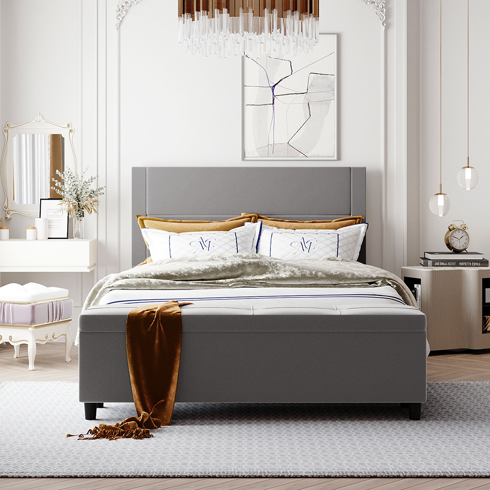 Queen-Size Upholstered Platform Bed Frame with Cushioned Storage Ottoman, Headboard and Wooden Slats Support, No Box Spring Needed (Only Frame) - Gray